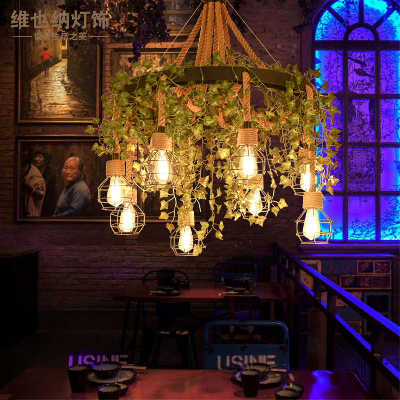 工业风吊灯创意个性音乐餐厅灯复古美发烧烤店绿植物装饰麻绳灯具