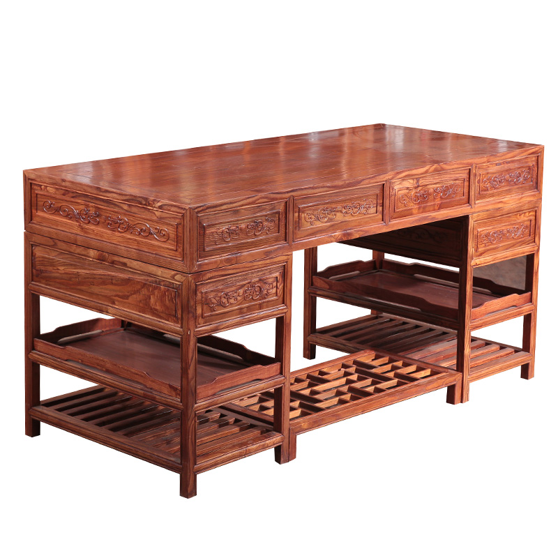 明清中式古实木草龙写字台榆木书桌椅雕花电脑台式桌办公桌