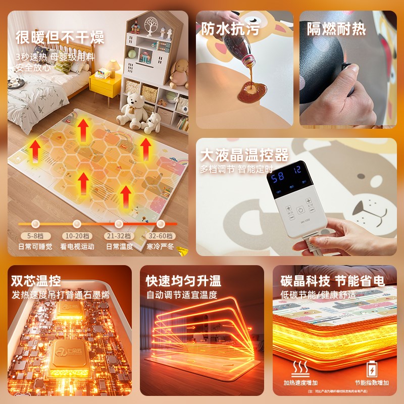 七朵云2024年新款石墨烯碳晶地暖垫电热地毯儿童卡通发热加热地垫
