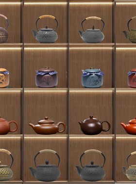 样板房酒店茶楼茶室博古架中式装修紫砂茶壶铁壶茶具装饰艺术