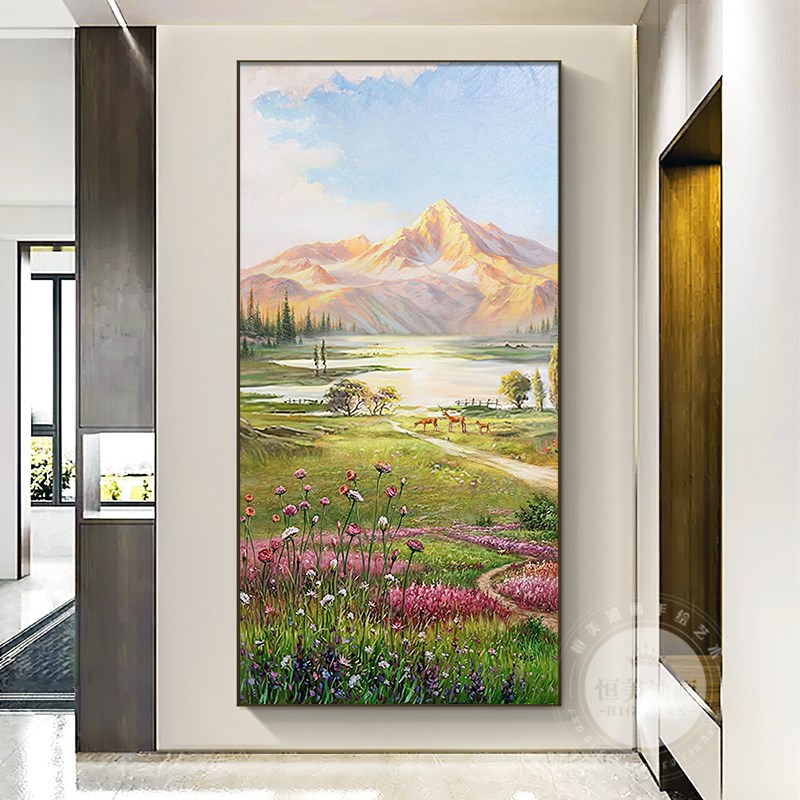 金山聚宝盆装饰画手绘风景油画玄关竖版立体壁画轻奢高山流水挂画图片