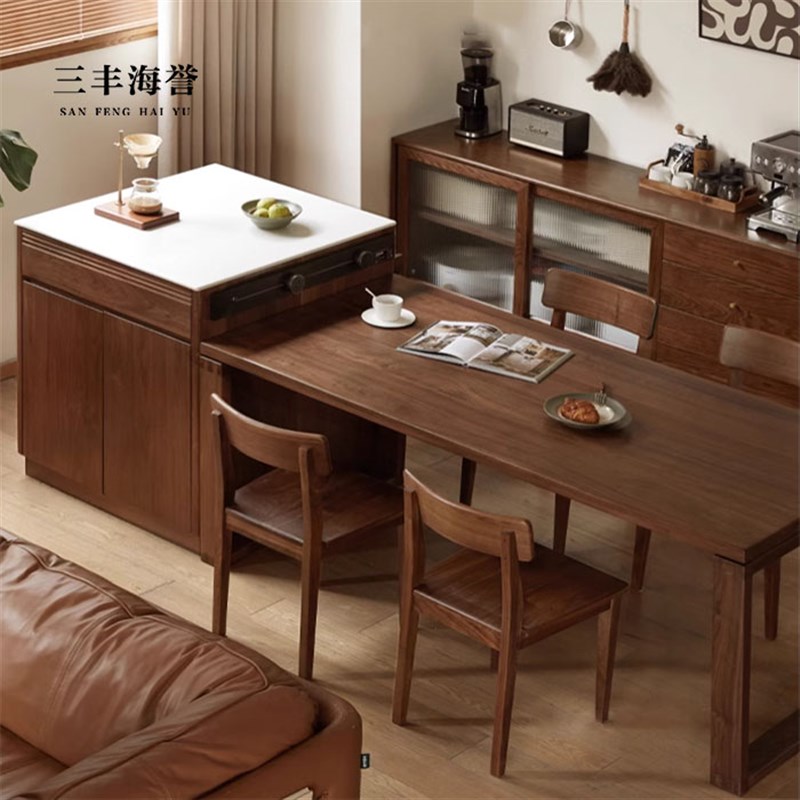 黑胡桃实木岛台餐桌一体可伸缩餐厅柜家用岩板茶水台多功能餐柜