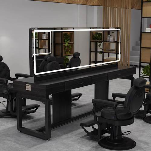 美发店复古实木镜台理发店发廊镜子烫染柜子一体带灯双面镜桌