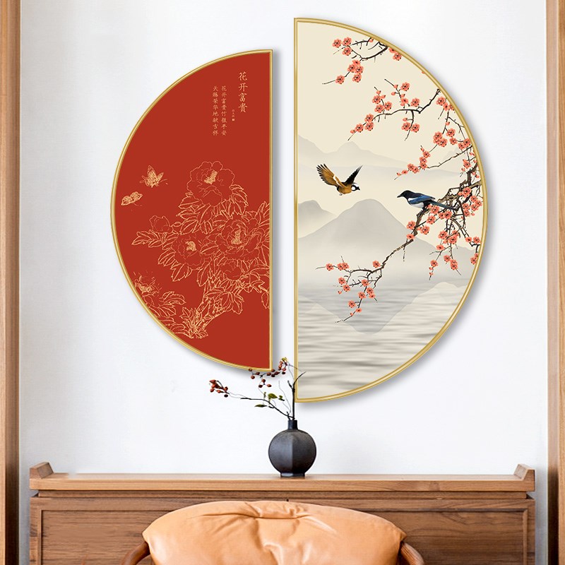 新中式玄关背景墙装饰画入户走廊挂画半圆餐厅客厅现代简约墙壁画图片