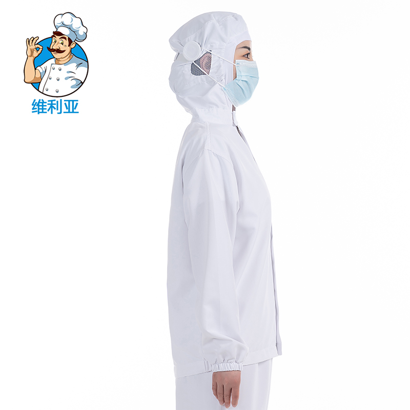 白色食品厂专用工作服男女通用款车间连帽防护服中央厨房加工工服