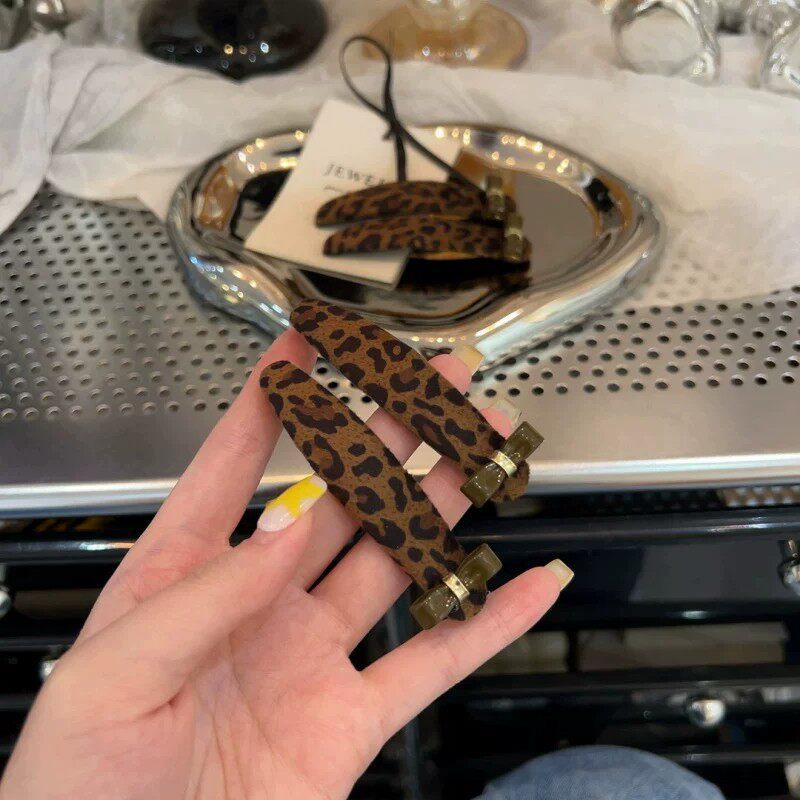 韩系豹纹丝绒蝴蝶结刘海发夹