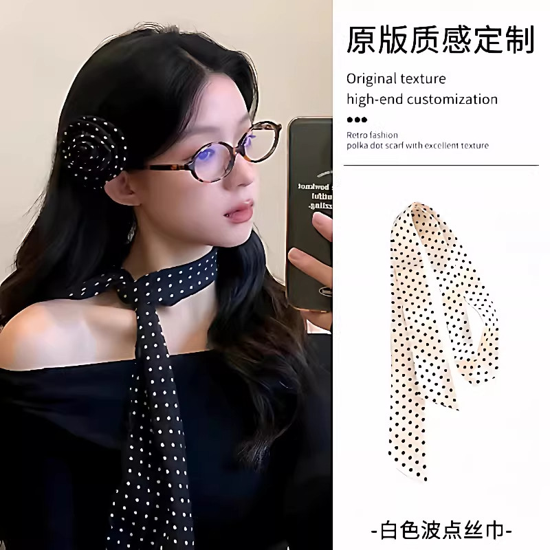 法式波点丝巾发带系脖高级感2026新款头绳女长条飘带发饰搭配衬衫