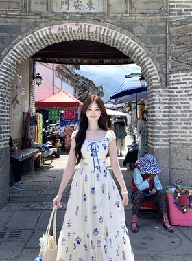 白色,花影,白色,温柔的风格,蓝色绣花长裙,复古的腰部修身裙,夏天