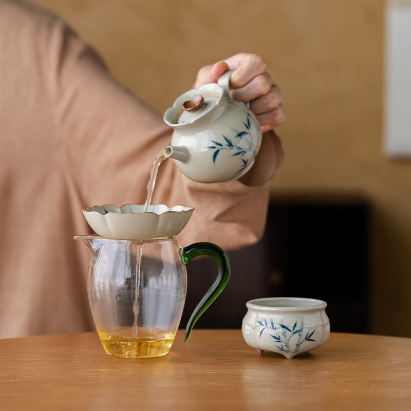 草木灰手绘竹子过滤孔茶漏套装公道杯一体茶滤高档功夫茶具陶瓷