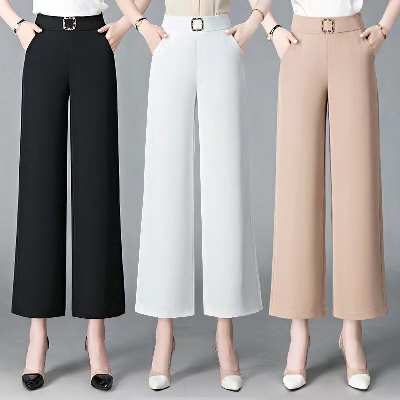 2022夏季新阔腿裤女垂感高腰宽松大码松紧九分休闲直筒裤妈妈裙裤