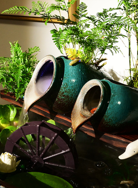 庭院造景古法养鱼流水陶罐鱼缸配件水车装饰循环生态鱼缸景观喷泉