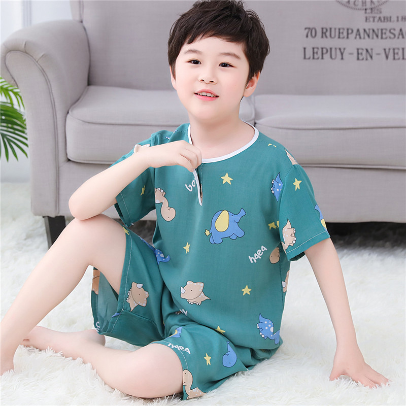 短袖男童小男孩棉绸儿童睡衣套装 超薄夏女宝宝绵绸人造棉家居服