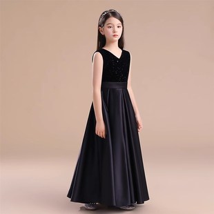黑色女孩钢琴小提琴丝绒无袖演出服主持人女童礼服管弦乐团大合唱