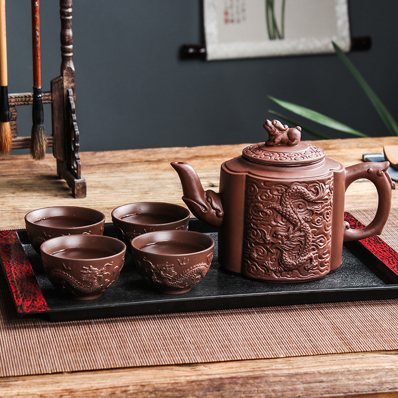 大号宜兴紫砂壶不锈钢滤网泡茶器家用麒麟龙柱花茶壶功夫茶具套装