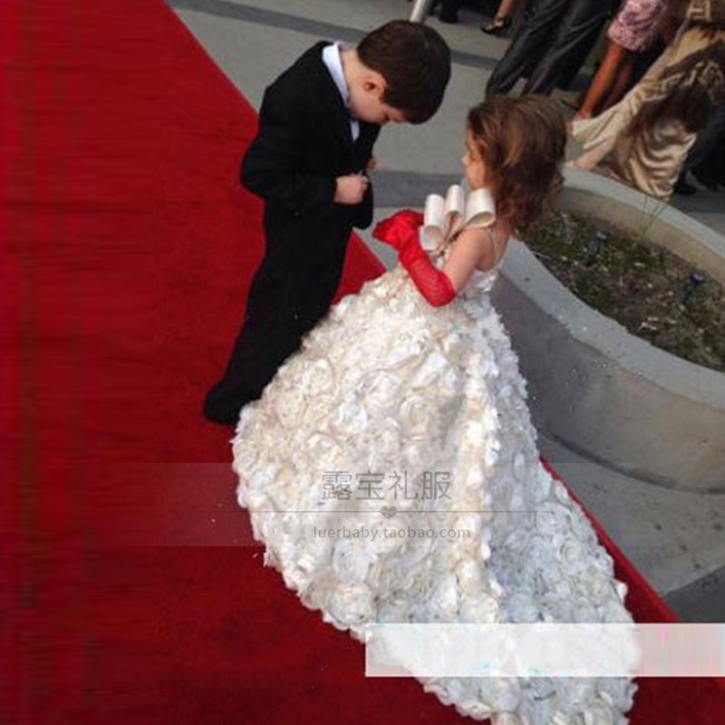 儿童礼服白色女童公主裙花童生日拖尾蕾丝婚纱钢琴走秀T台演出服
