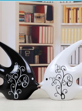 时尚家居装饰 陶瓷工艺摆件 情侣鱼燕子鱼黑白接吻鱼摆设一对包邮