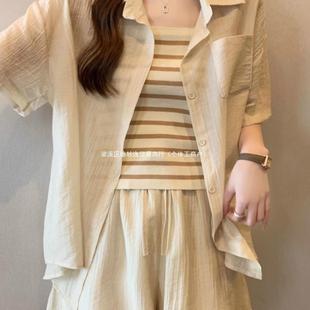 女款 温柔风甜美短袖 衬衫 胖感显瘦遮肉吊带背 夏季 新款 2025新款 大码