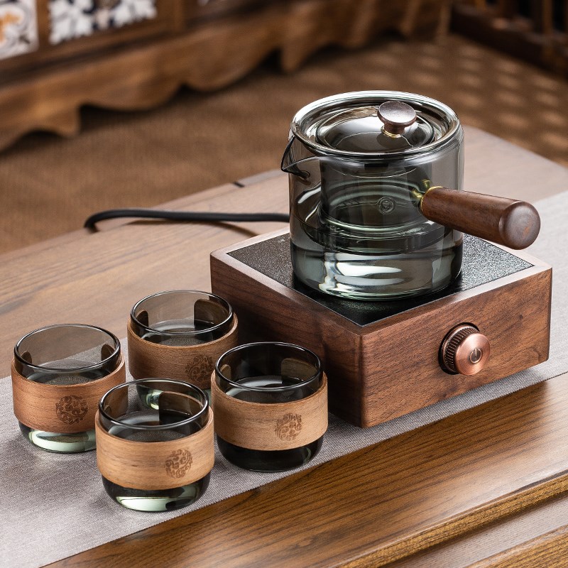 2024新款实木胡桃木电陶炉煮茶器加厚防爆玻璃茶壶烧水泡茶具套装