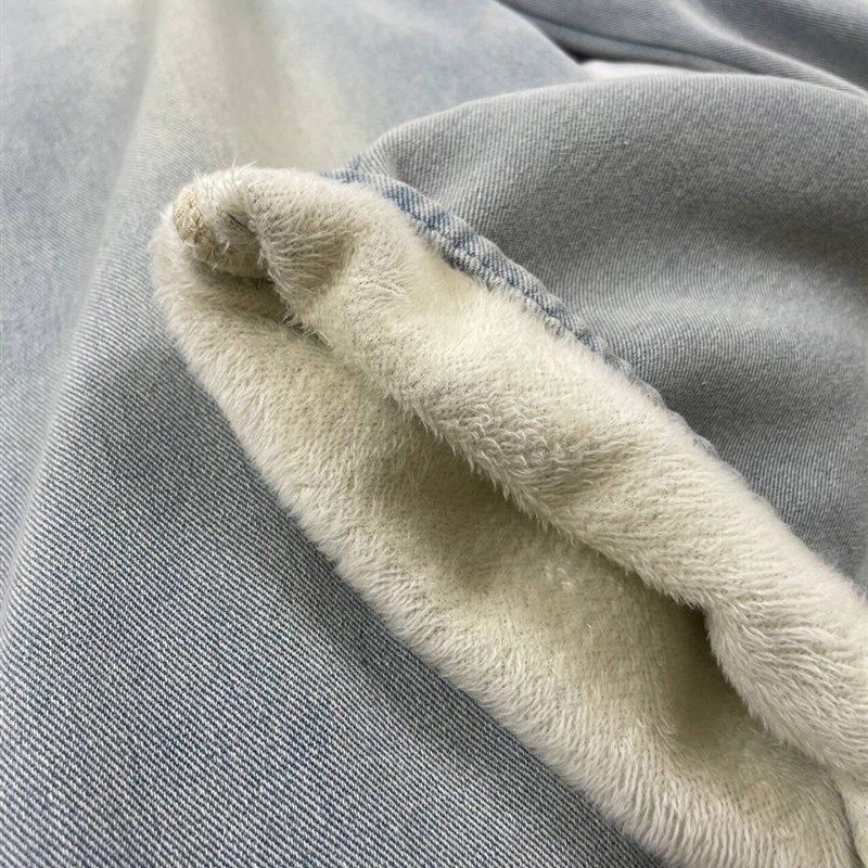 复古浅蓝色加绒加厚直筒牛仔裤女秋冬小个子高腰显瘦垂感阔腿裤子