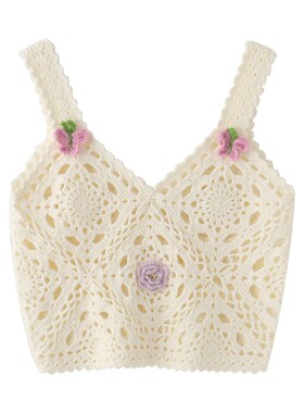 MMC 24夏季新款针织吊带衫白色钩花镂空设计甜美修身上衣背心外穿