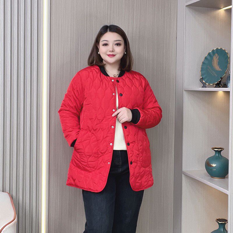 轻薄羽绒棉服女冬季新款大码女装胖mm宽松显瘦中长款菱形棉衣外套