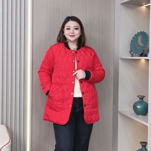 轻薄羽绒棉服女冬季新款大码女装胖mm宽松显瘦中长款菱形棉衣外套