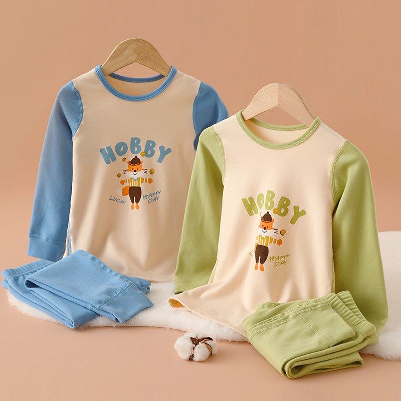 撞色卡通男童打底内衣套装加厚舒绒秋冬季男宝宝秋衣秋裤纯棉A类