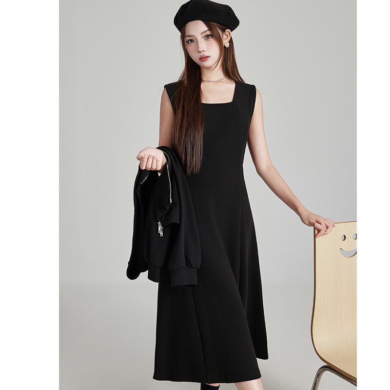 秋冬新款显瘦大码胖MM连衣裙吊带背心款百搭显瘦遮肚子收腰小黑裙