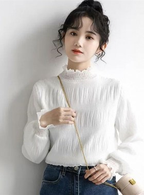 2024新款白色高领打底衫女冬加绒加厚雪纺上衣洋气内搭保暖蕾丝衫