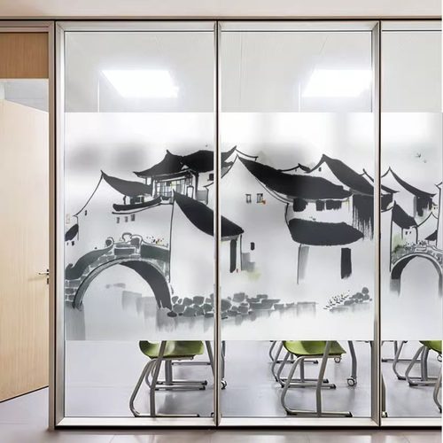 中国风山水风景玻璃贴纸客厅门窗户隔断透光不透明防偷窥磨砂贴膜