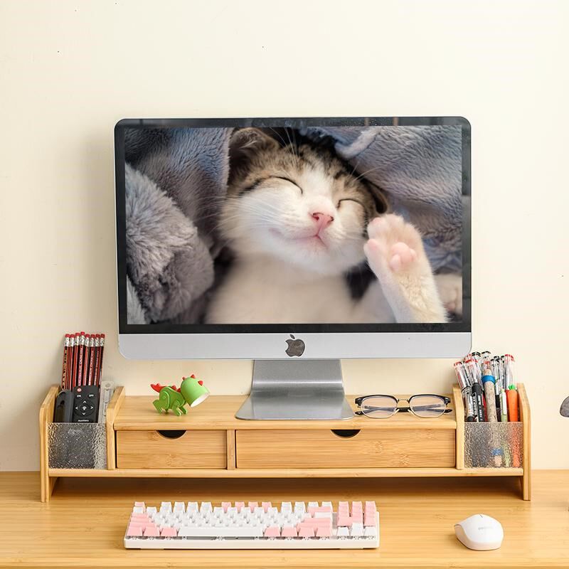 显示器增高架台式电脑底座桌面收纳盒办公桌一体机工位电脑支架竹