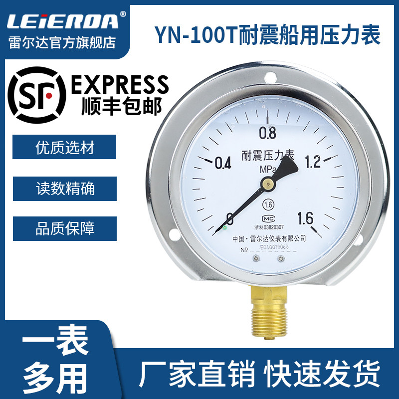 雷尔达 船用耐震防震压力表凸装式 YN-100T 气压液压 径向带后边