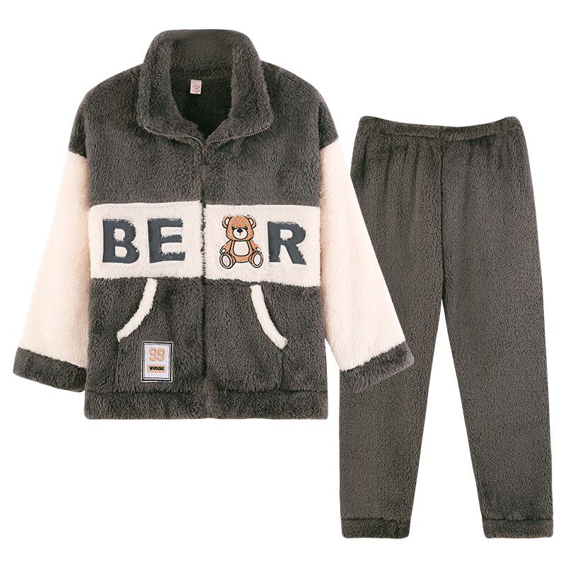 冬季珊瑚绒睡衣加厚加绒卡通情侣加肥加大码拉链开衫法兰绒家居服