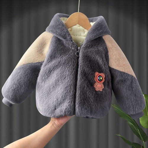 男童加绒外套秋冬款2023新款小男孩冬装儿童加厚毛毛衣宝宝棉衣