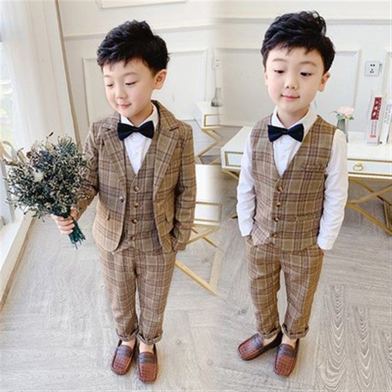 儿童西装马甲三件套3男童洋气格子西服外套4花童礼服主持人演出服