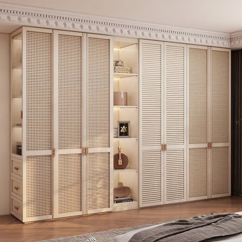 实木衣柜家用卧室藤编新款大衣橱组合中古风美式ENF级欧松板柜子