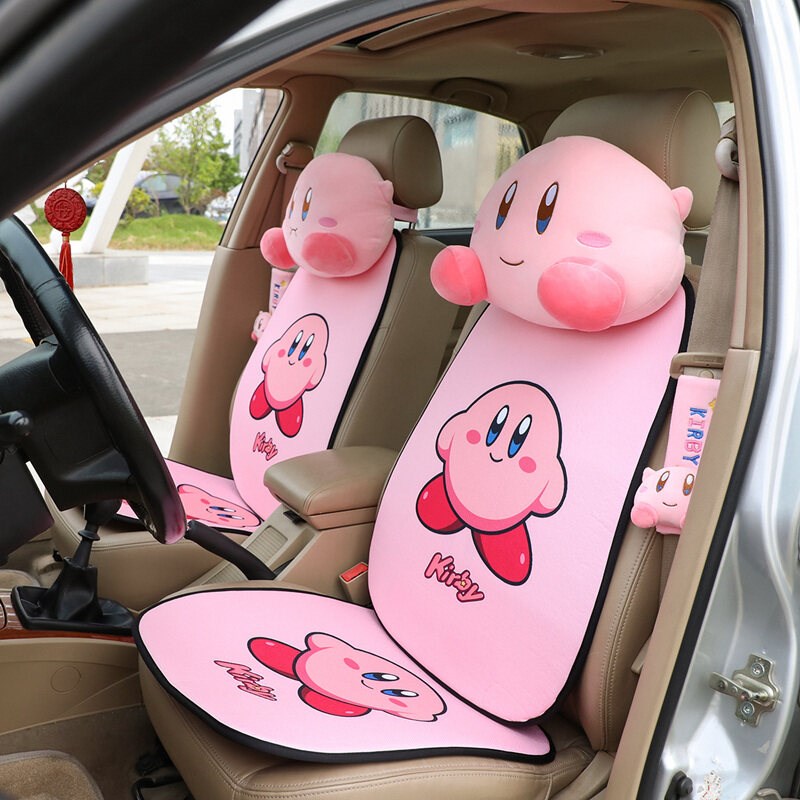 可爱卡比星毛绒汽车头枕靠垫少女心车载座椅护颈枕头卡通护肩带套