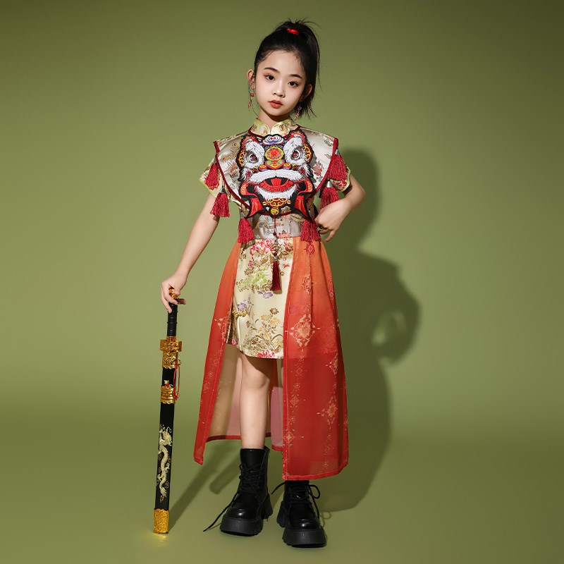 女童古装旗袍走秀旗袍霸气国潮东方醒狮戏曲中国风模特T台演出服