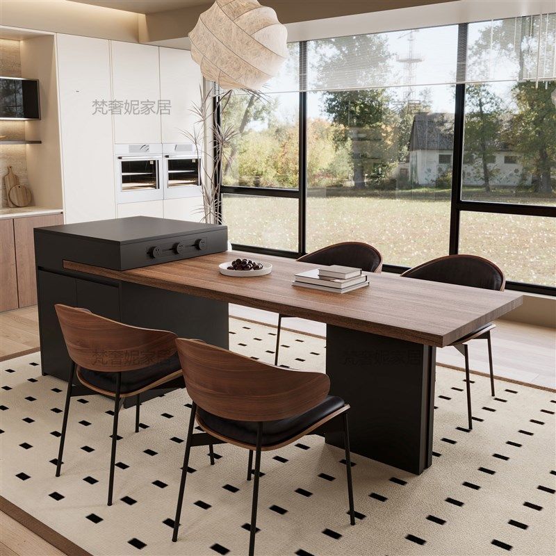 中古风岩板岛台餐桌一体家用胡桃木纹可伸缩多功能储物高级餐岛台
