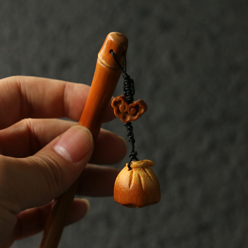 精品手工精磨天然实心竹发簪竹雕竹制莲蓬配饰发叉复古风天然发饰