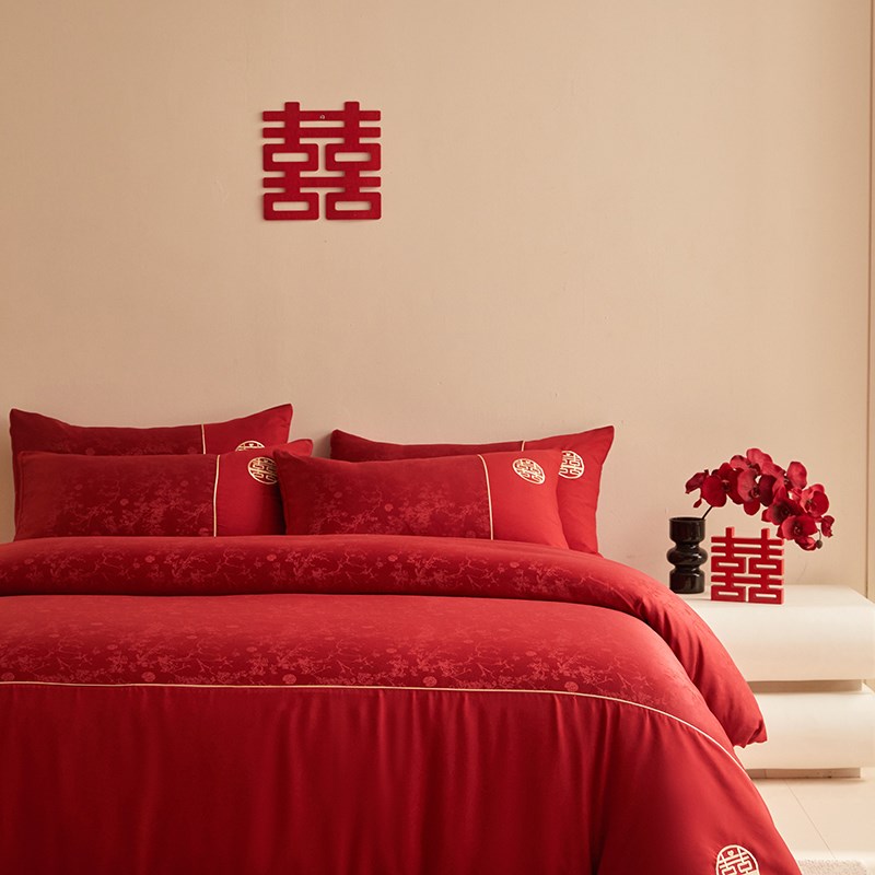 A类全棉婚庆四件套高档礼盒大红色提花被套1.8米陪嫁婚房床上用品