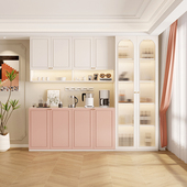 客厅一体靠墙餐边柜法式 奶油风储物柜实木定制柜子家用厨房茶水柜