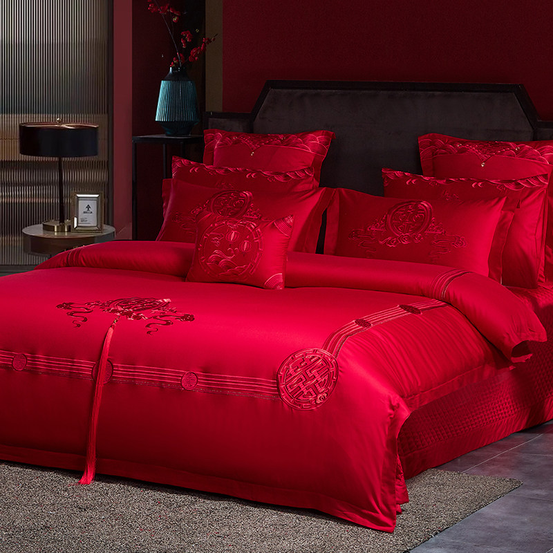 罗兰生活全棉婚庆四件套纯棉结婚床上用品新婚红色喜字床品套件