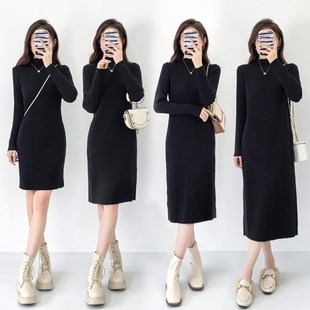 针织连衣裙女秋冬中长款半高领打底衫宽松内搭大码毛衣裙黑色长裙