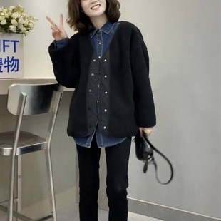 复古蓝色加绒牛仔衬衫女秋冬2023新款宽松休闲百搭设计感衬衣外套