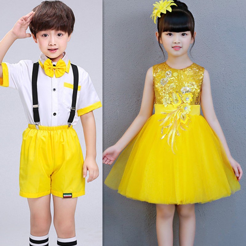 六一黄色儿童演出服装幼儿园大班小班舞蹈舞台表演服女童亮片纱裙