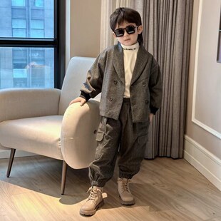 男童休闲套装年货2024冬装新款英伦风儿童西装夹棉中大童两件套潮