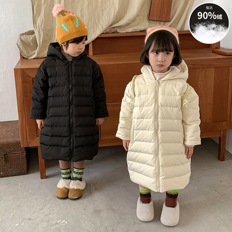 儿童轻薄羽绒服男童中长版过膝90绒女童冬装2023新款连帽婴幼儿外