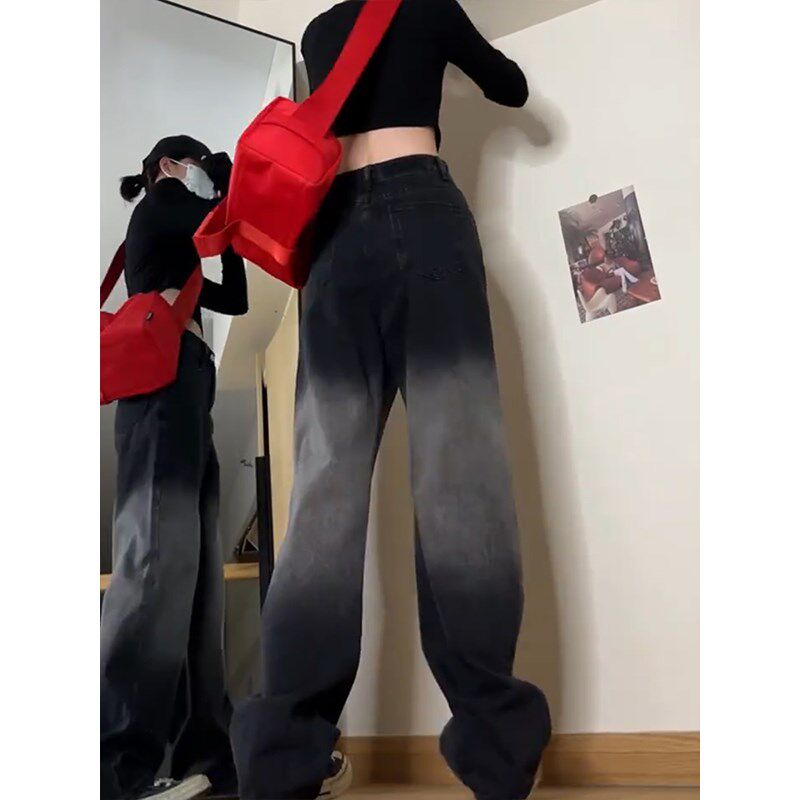 黑色渐变牛仔裤女秋垂感高级感小个子直筒裤大码胖mm梨型身材裤子