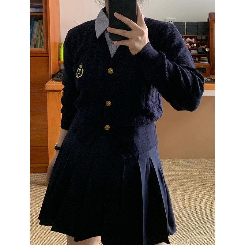 微胖穿搭秋季JK制服学院风套装女大码假两件针织毛衣半身裙一整套